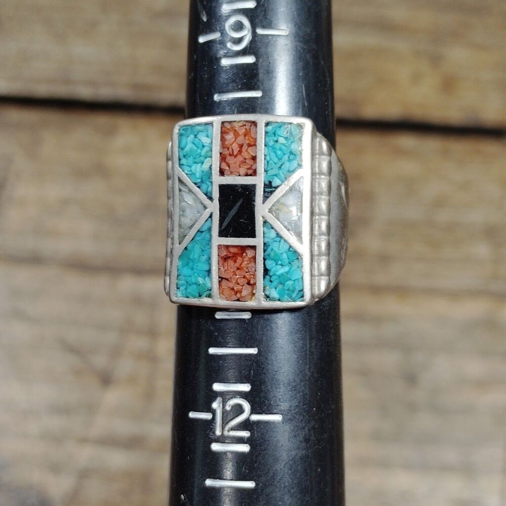 Vintage Ring Sz 10.5? Native American Crushed Turquoise Chip Inlay Silver Tone